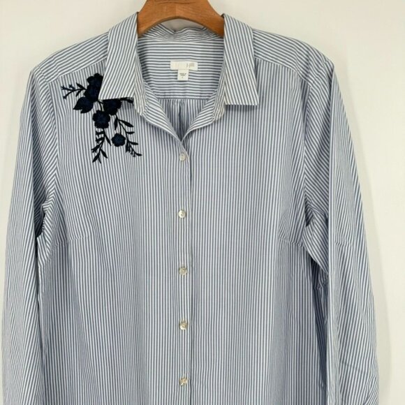 J Jill Womens Blue Striped Embroidered Button Front Long Sleeve Shirt Size Large - Picture 5 of 10